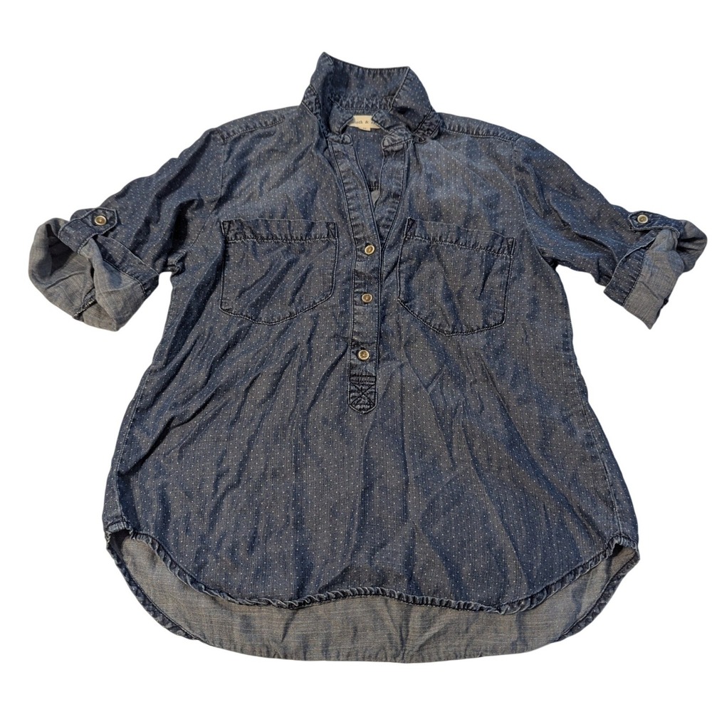 Anthropologie Cloth & Stone Blue Polka Dot Tencel Denim Roll Tab Tunic Top Med